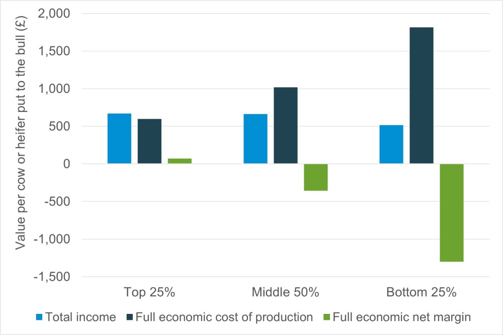 Graph comparing production costs between top, middle and bottom performing farms